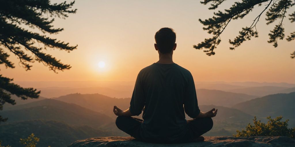 Person meditating at sunrise in a serene landscape, representing peace, wellness, and balance.