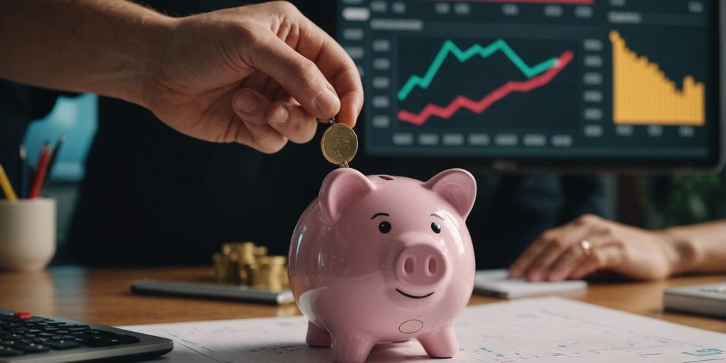 Person holding a piggy bank with financial charts, representing mastering personal finance.