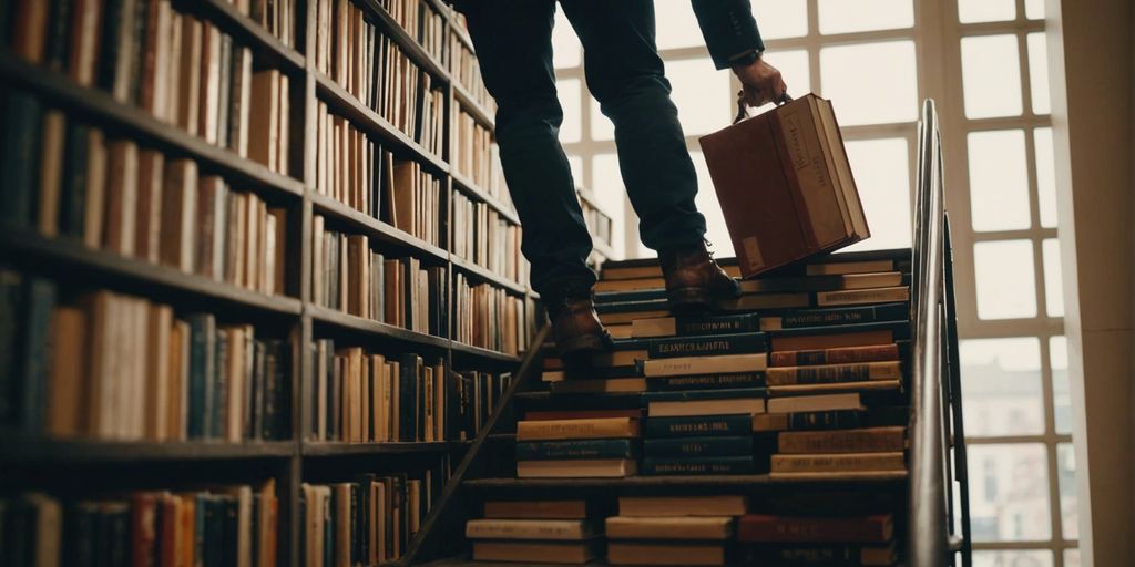 Person climbing book stairs representing career growth and success in a professional journey.