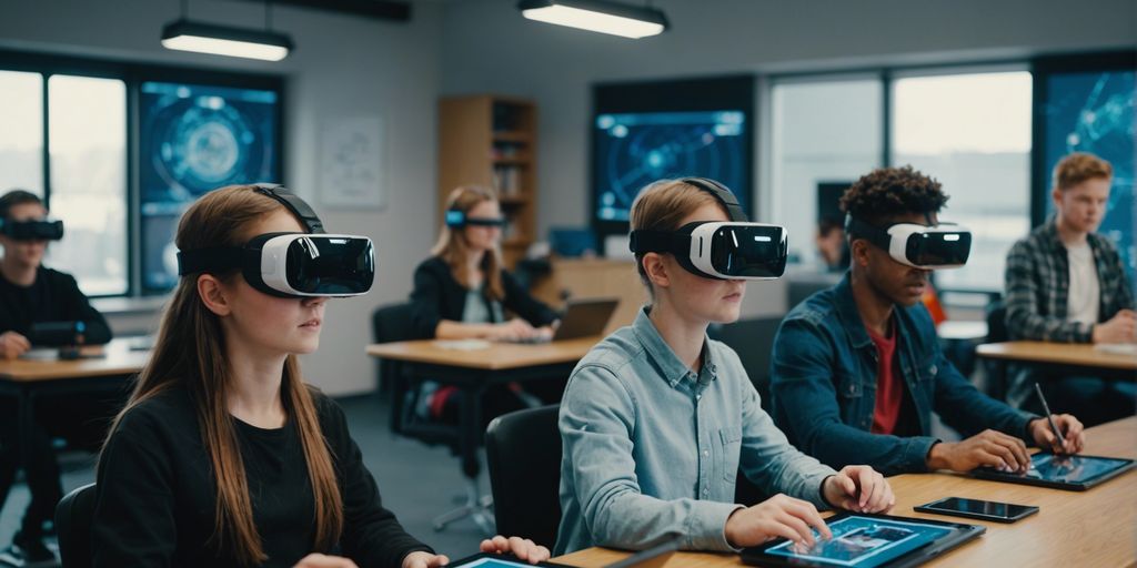 Students in a futuristic classroom using VR headsets and tablets, representing the future of education.