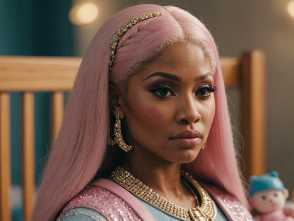 Nicki Minaj looking emotional with motherhood elements in the background.