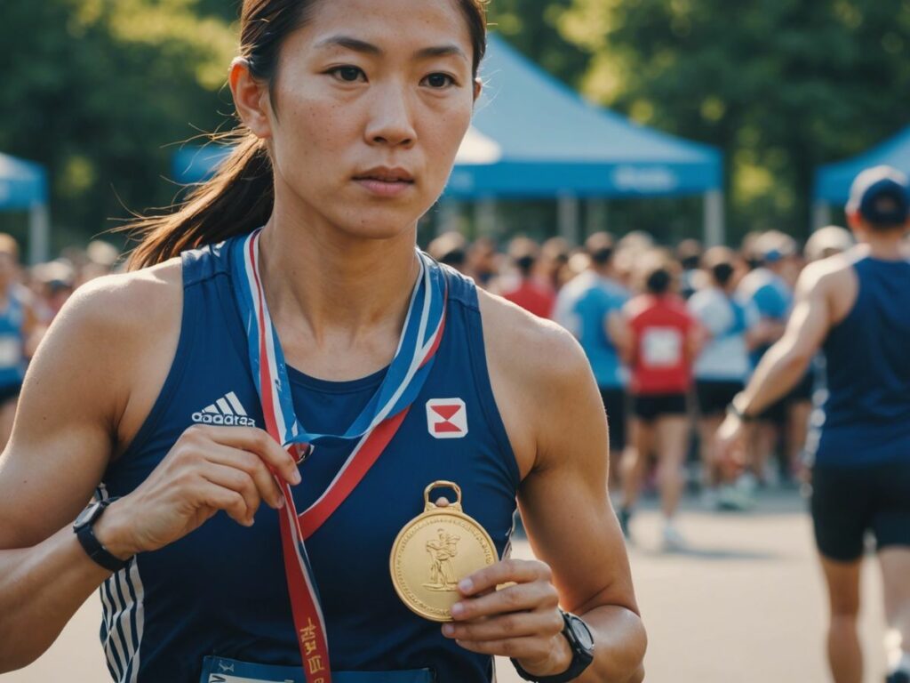 Tomomi Bitoh, Japanese runner, balances motherhood and career, holding baby and medal.