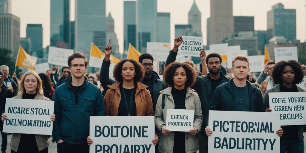 Diverse group of people with megaphones and signs advocating in a city setting.